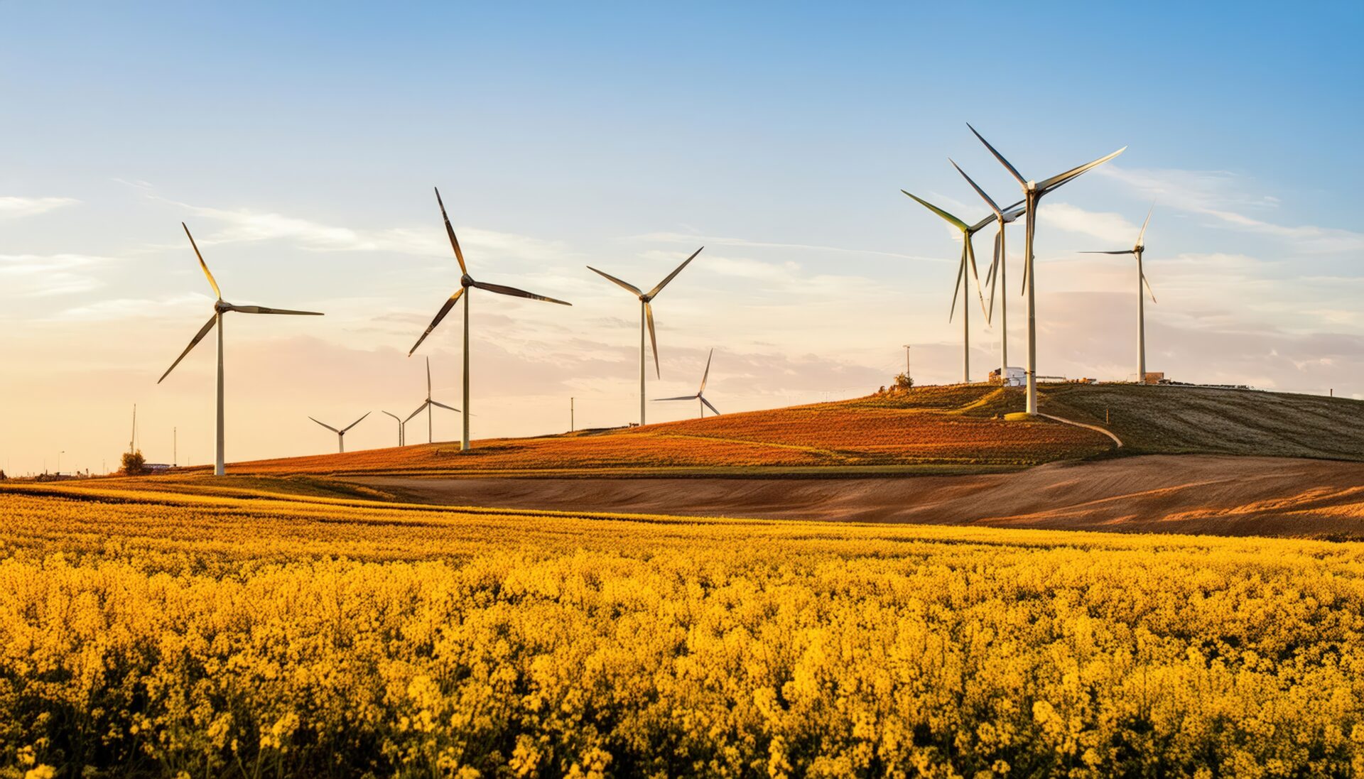 風車と夕日の広がる畑