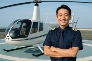 ヘリポートで微笑む制服姿の男性パイロット
