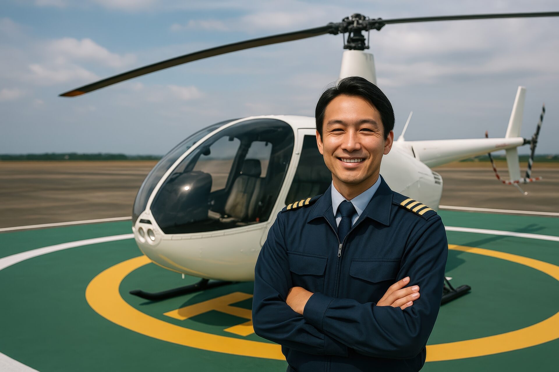 ヘリポートに立つ笑顔の男性操縦士