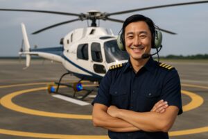 ヘッドセットを着用したヘリコプターパイロットの男性