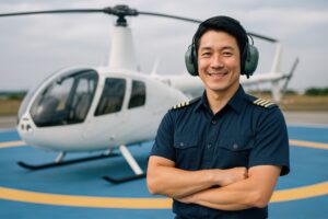 滑走路でヘッドセットを装着した男性操縦士