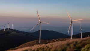 山の上の風車と夕暮れの風景