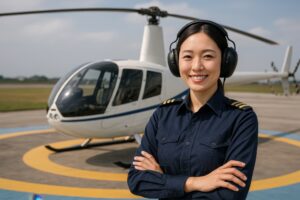 ヘリポートで笑顔を見せる女性パイロット