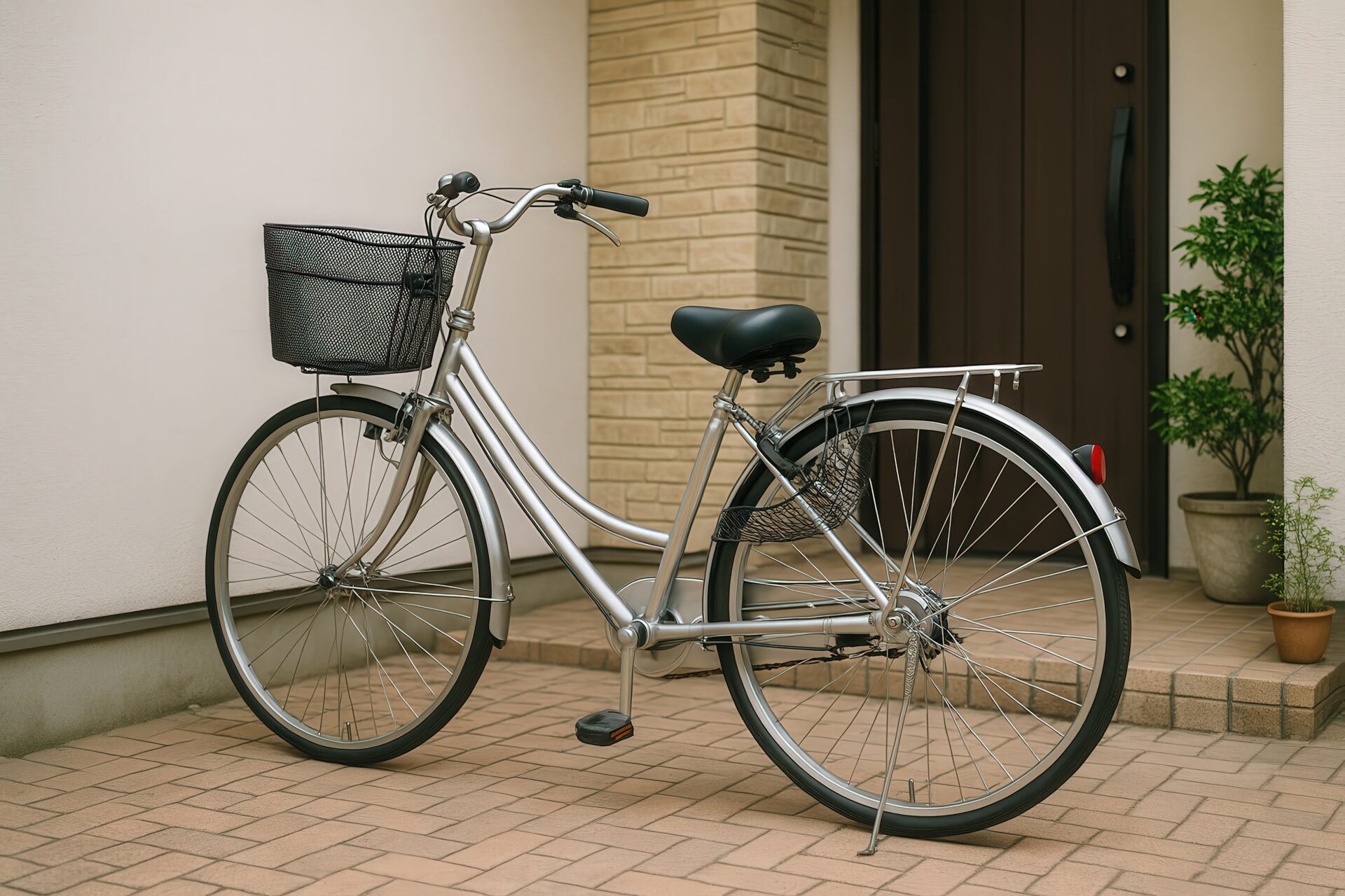 玄関前に停められたシルバーのママチャリ