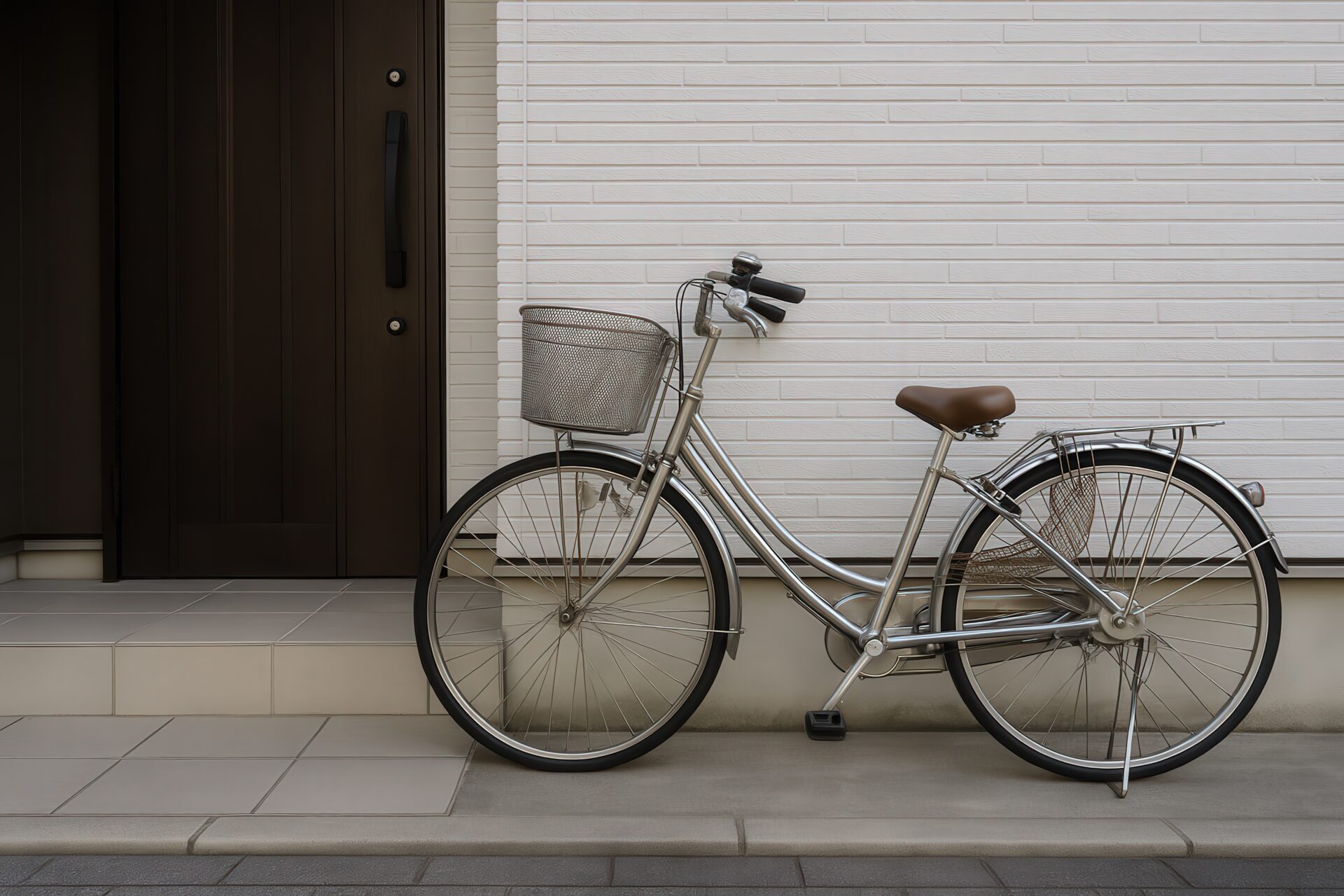 白い外壁の家の前に置かれたママチャリ