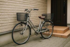 前後にカゴを備えたママチャリと玄関