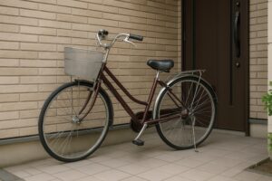 レンガ色の玄関先に置かれたワインレッドのママチャリ