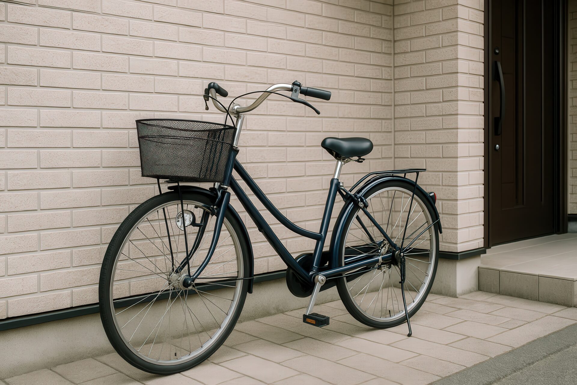 紺色のママチャリと玄関タイルのある住宅