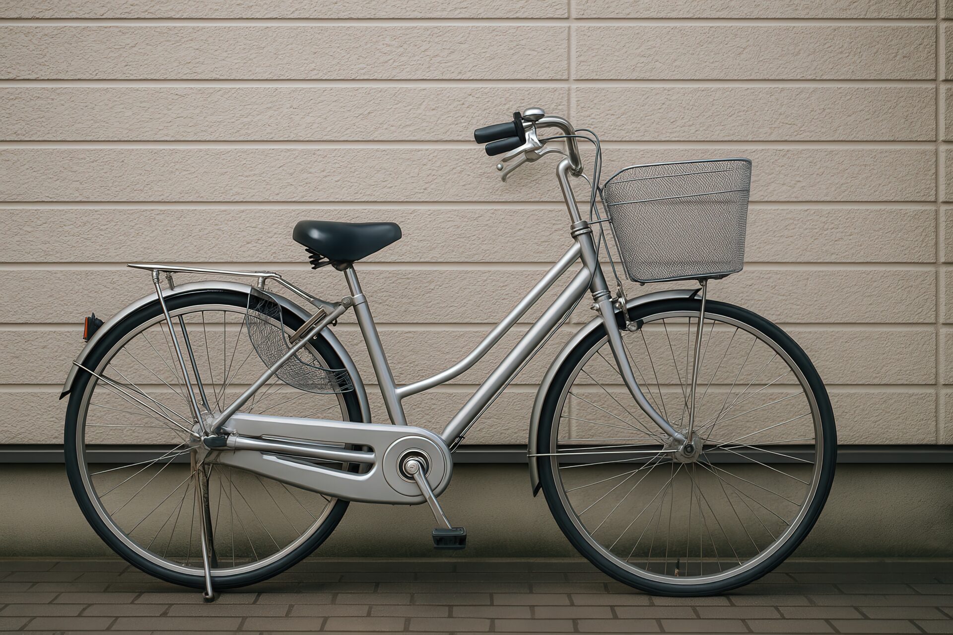 外壁の前に停められたシンプルなママチャリ