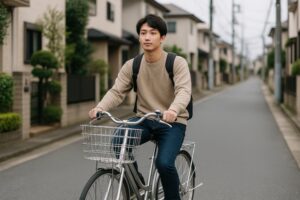 住宅街を自転車で走る若い男性