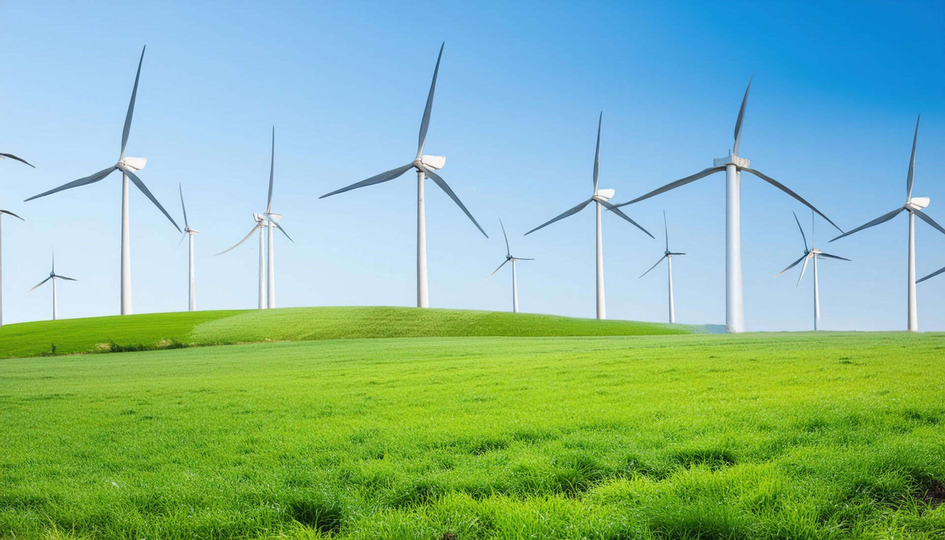 丘の上に並ぶ風車と青空