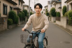ママチャリで住宅街を走る若い男性