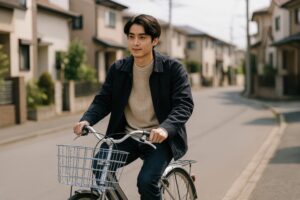 街中を自転車で移動する若い男性