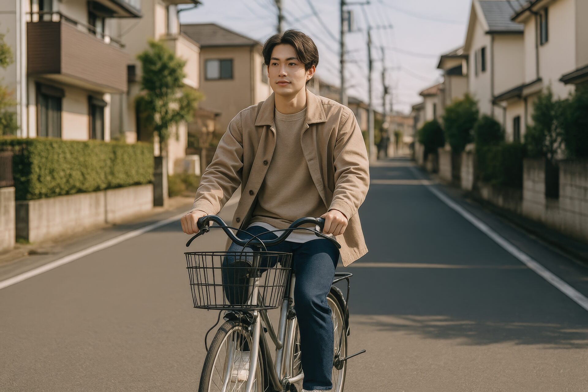 穏やかな住宅街を走る男性とママチャリ