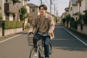 穏やかな住宅街を走る男性とママチャリ