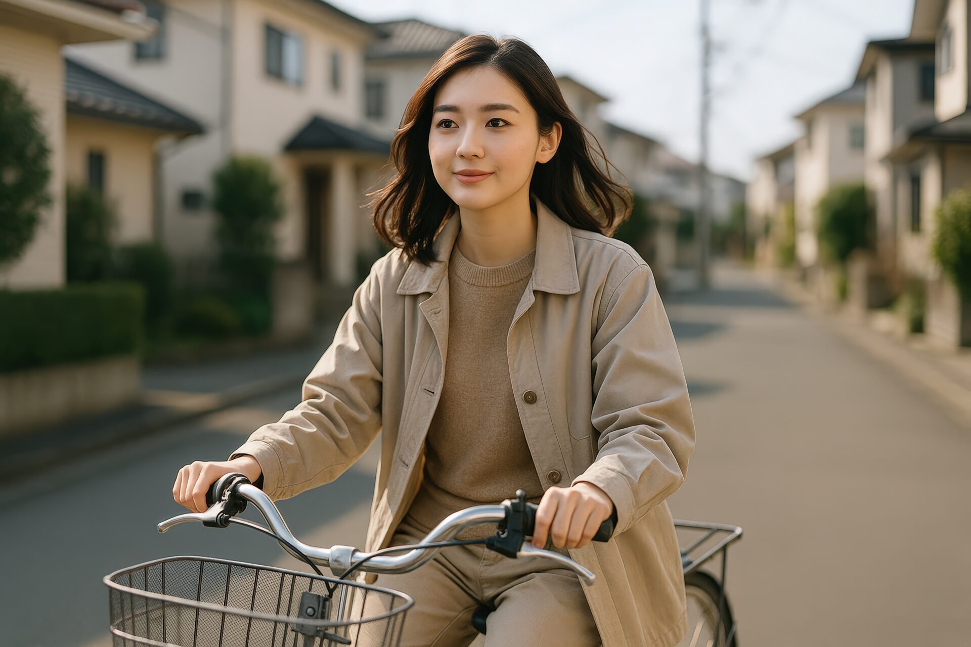 住宅街を自転車で走行する女性