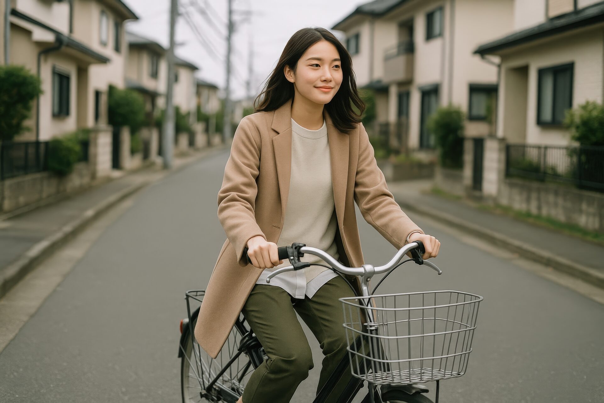 買い物袋を自転車のカゴに乗せて走る女性
