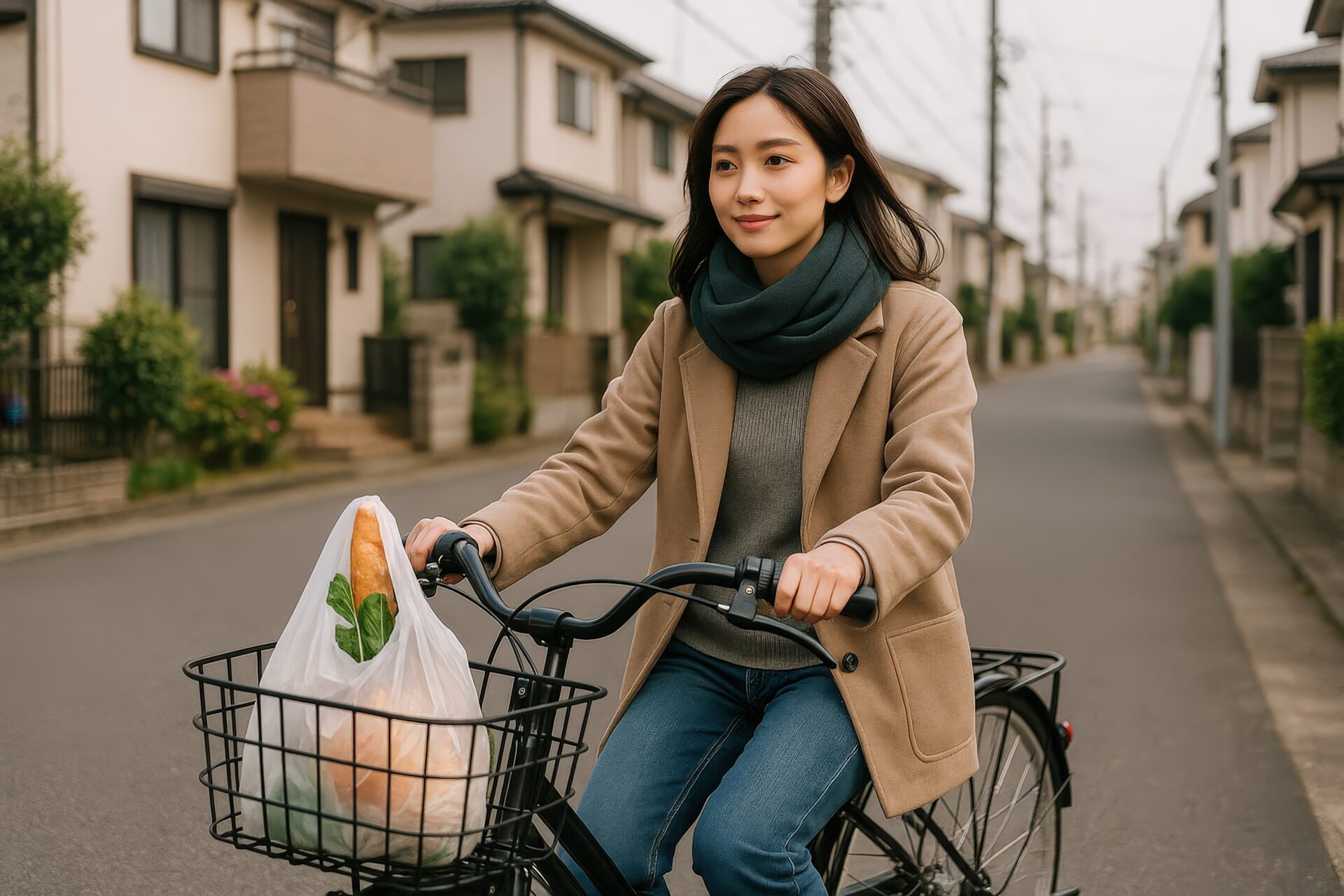 住宅街を自転車で買い物帰りに走る女性