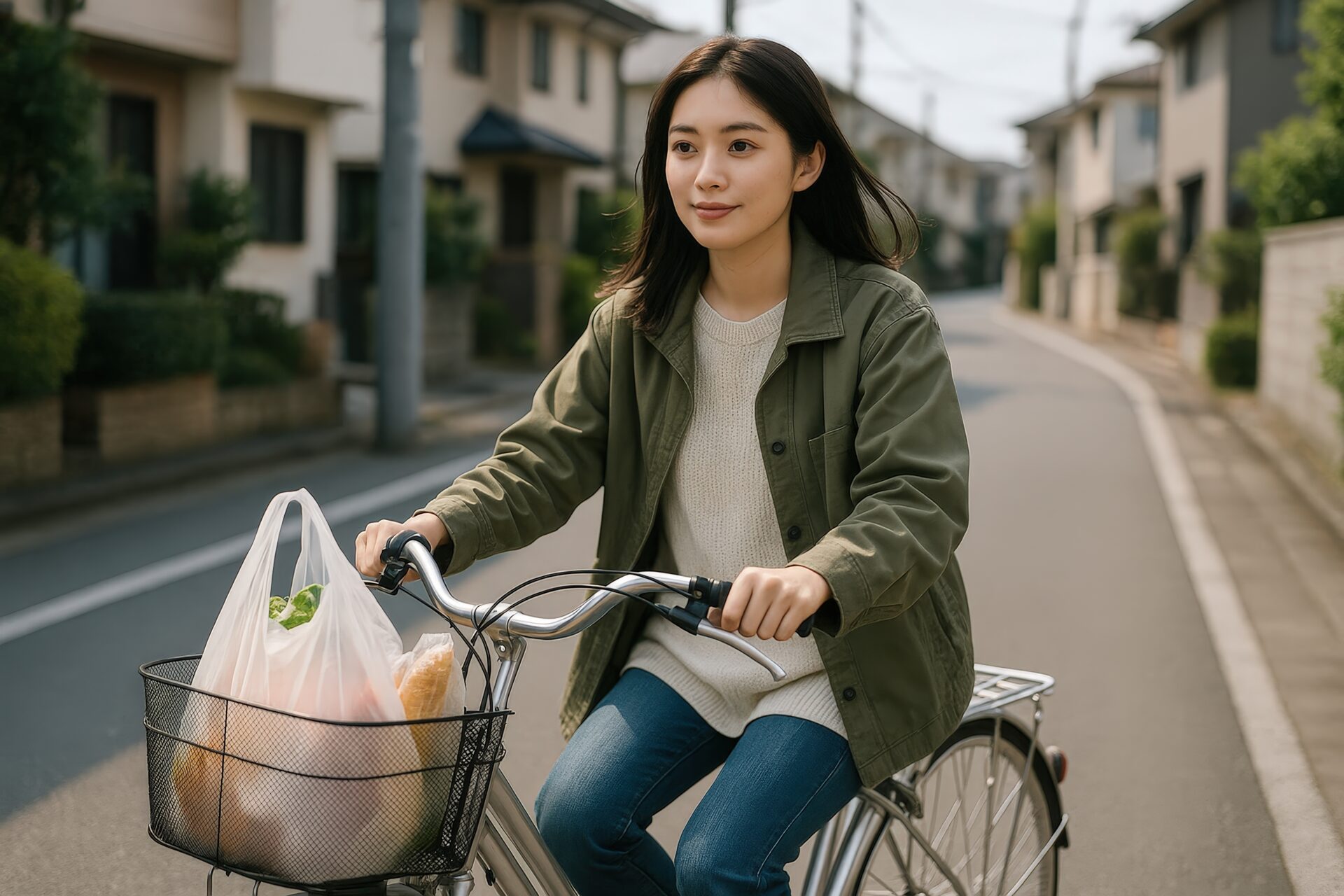 住宅街を自転車で走行する若い女性