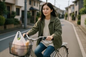 住宅街を自転車で走行する若い女性