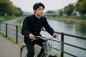 川沿いの通学路を自転車で走る男子学生