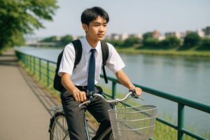 夏服の男子高校生が通学路を自転車で走る