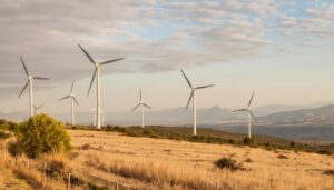 風力発電が広がる乾燥地帯の風景