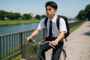 登校中の男子高校生が川沿いを自転車で走る
