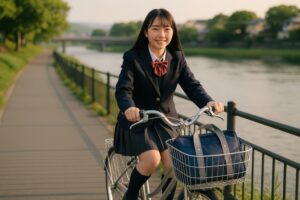 登校中の女子高校生が川沿いの道を自転車で走る