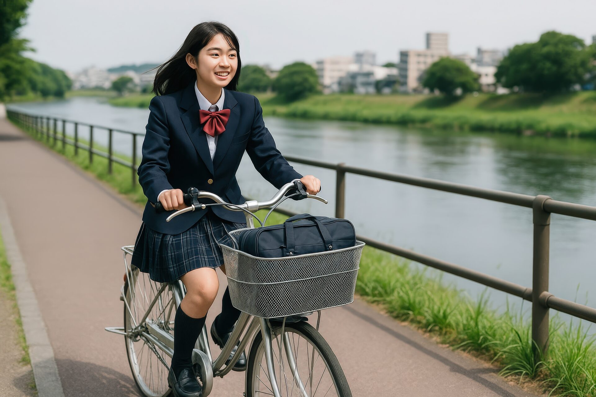 自転車で通学する女子高校生と川沿いの風景