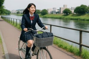 自転車で通学する女子高校生と川沿いの風景
