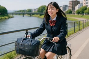 下校中の女子高校生が自転車で川沿いを走る