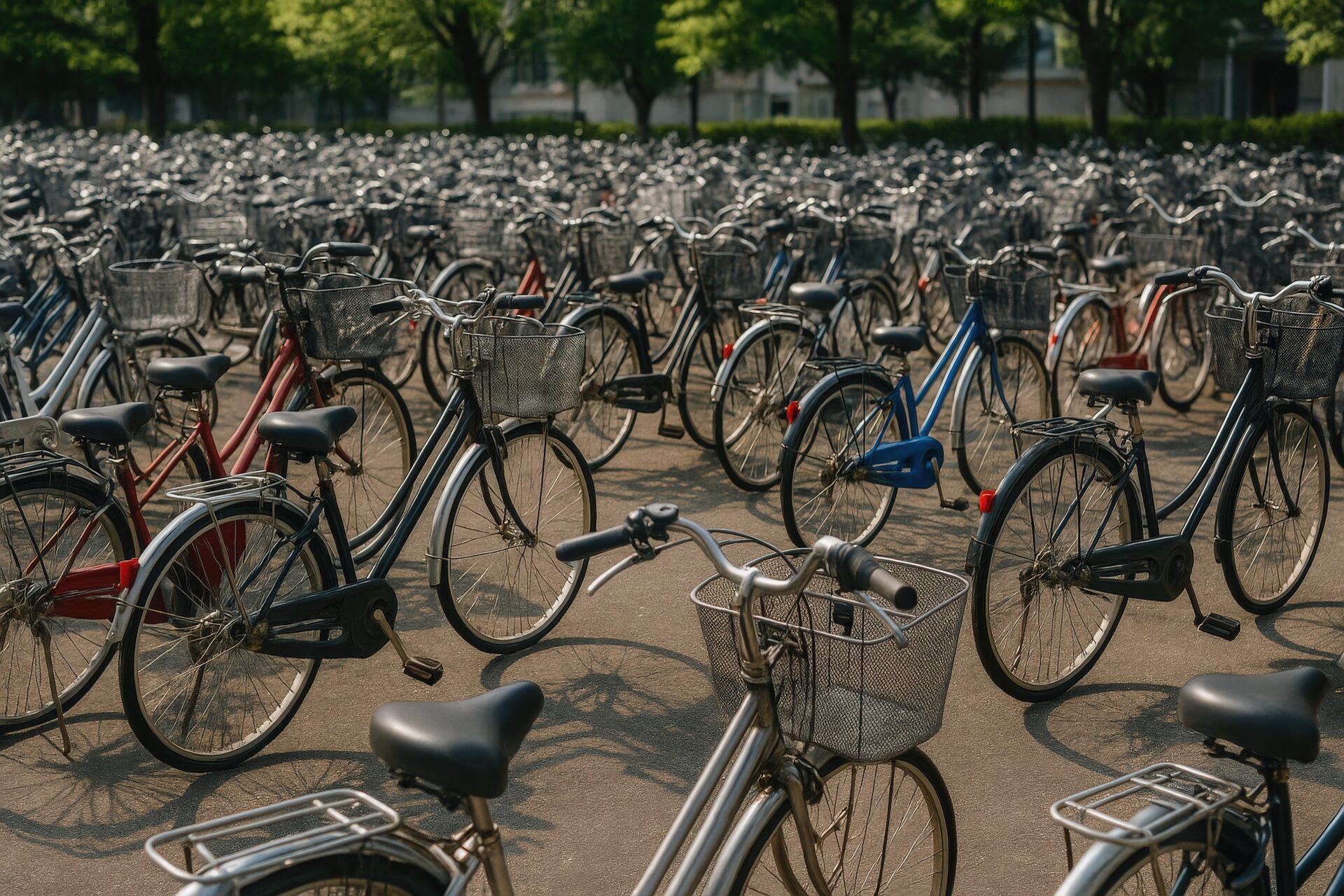 晴れた日の駐輪場に並ぶ色とりどりの自転車