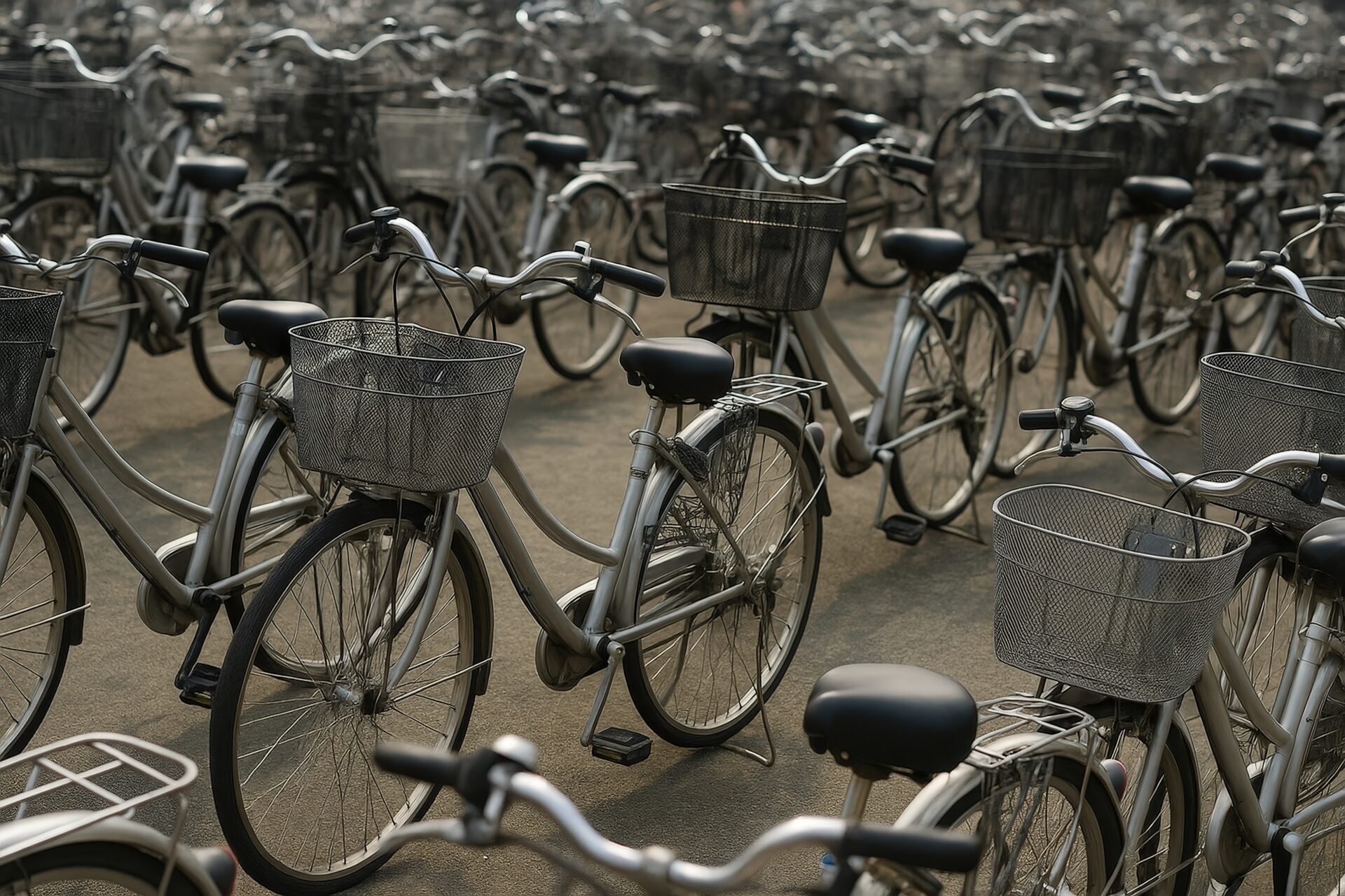 密集して停められた銀色のママチャリ群