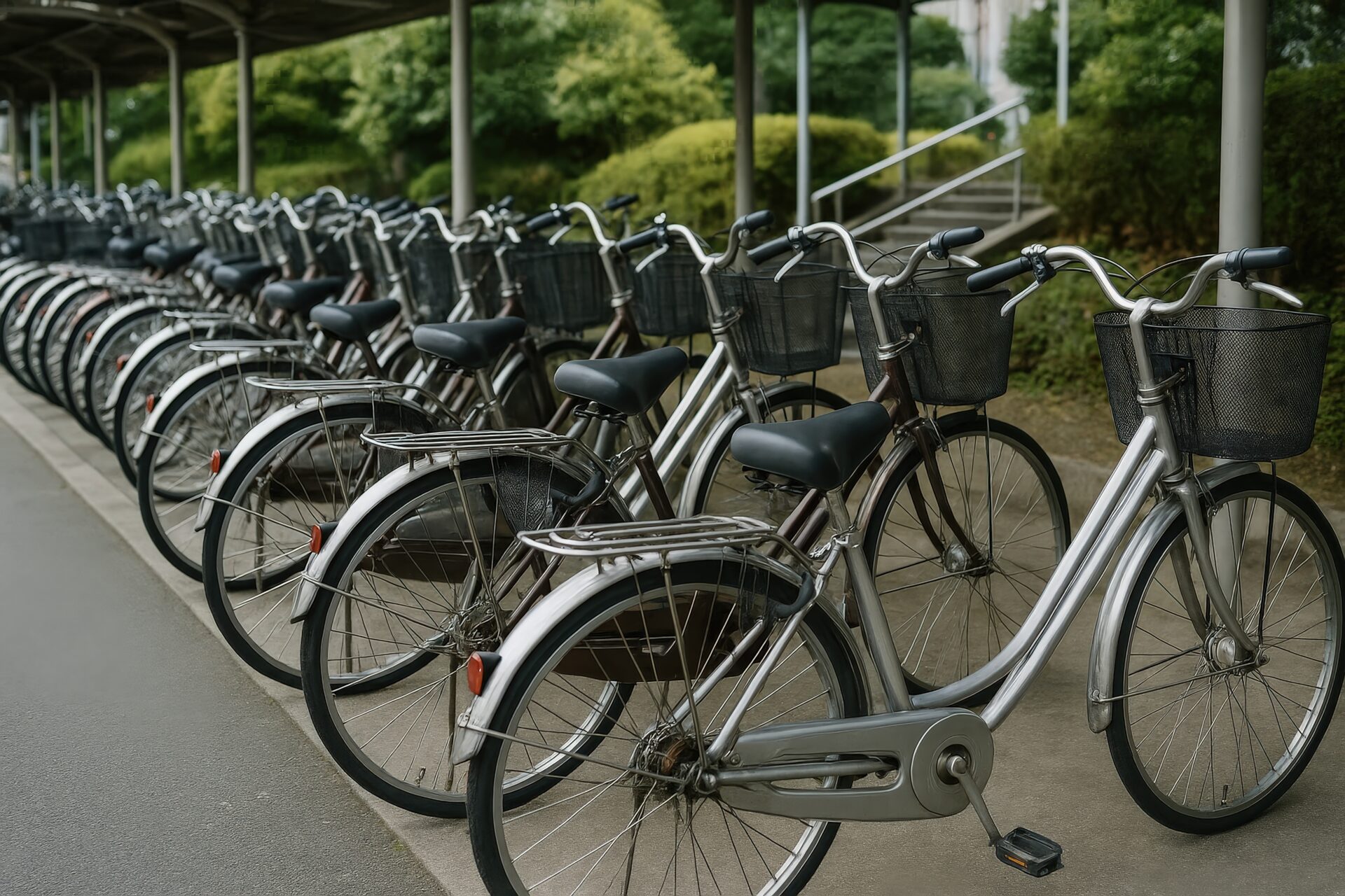 屋根付き駐輪場に整然と並ぶママチャリ