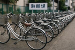 駐輪場の看板前に整列するシルバーのママチャリ