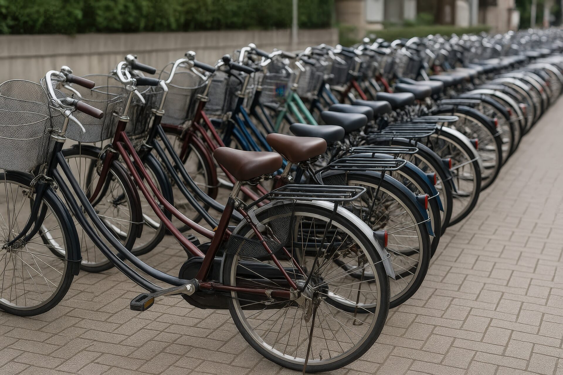 駐輪場にずらりと並ぶ色とりどりの自転車