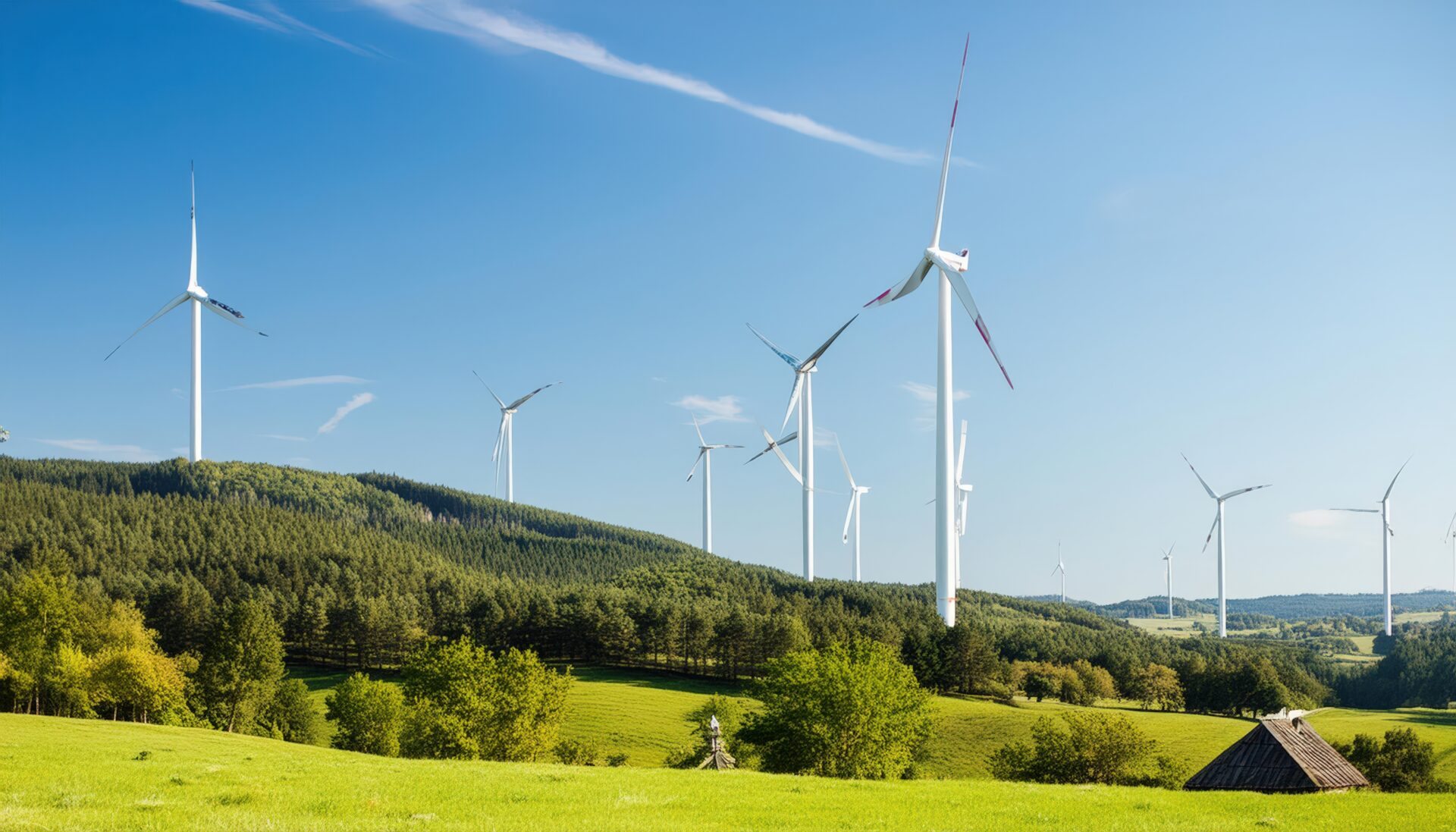 青空の下の風力発電所と緑豊かな草原