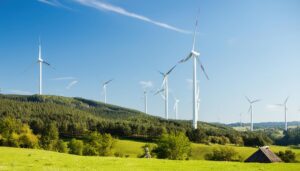 青空の下の風力発電所と緑豊かな草原