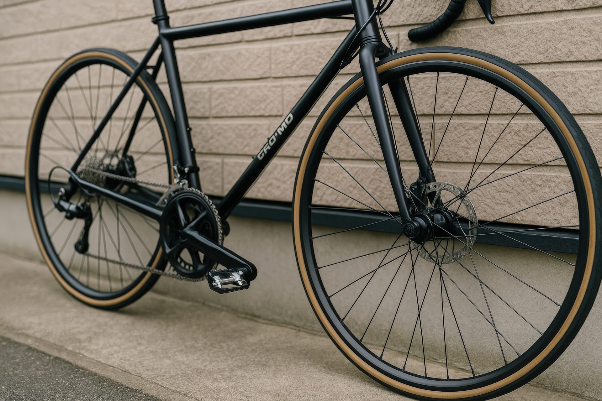 黒いロードバイクの後輪とギアのクローズアップ