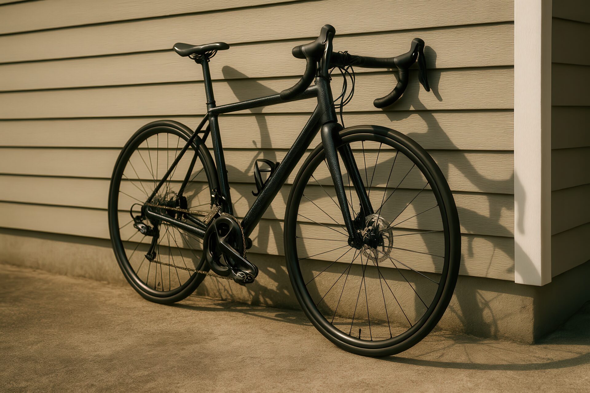 夕日を浴びる黒いロードバイクとその影