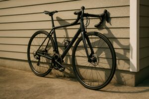 夕日を浴びる黒いロードバイクとその影