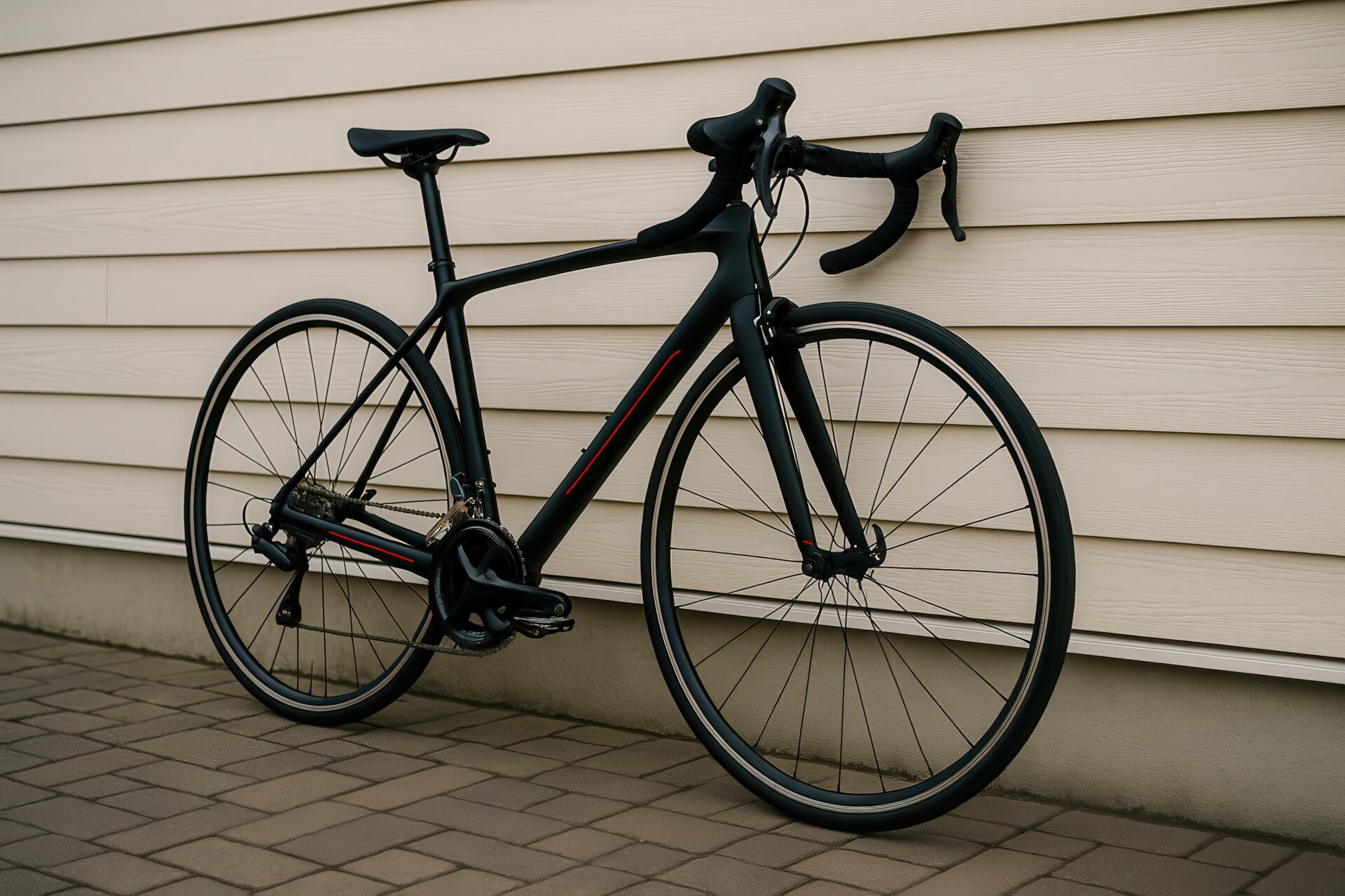舗装道路の前に立てかけられた黒いスポーツバイク