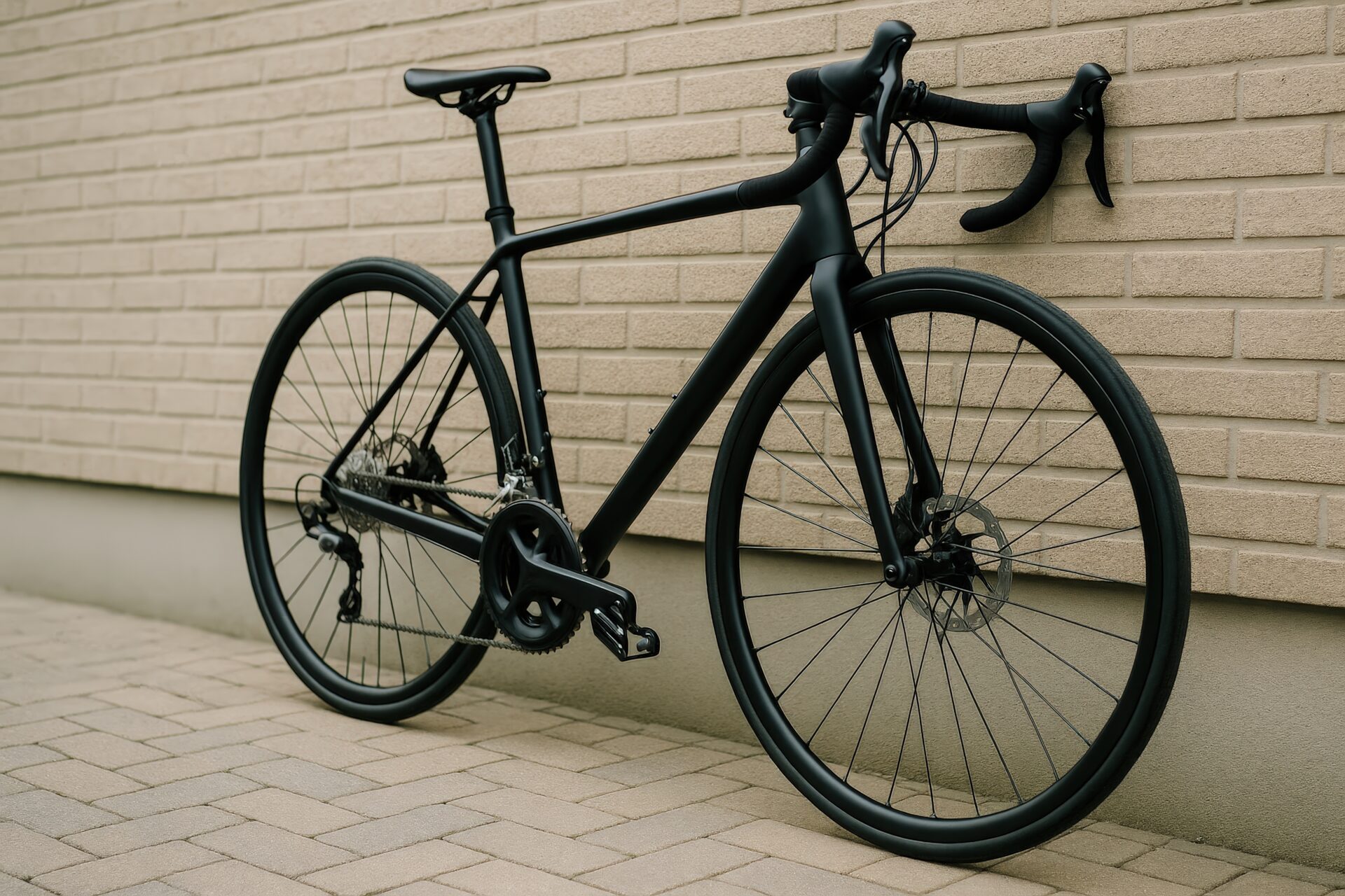 レンガ調の壁を背景にした黒い競技用自転車