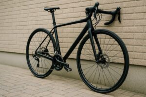 レンガ調の壁を背景にした黒い競技用自転車