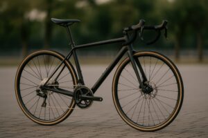 屋外に停められた黒いスポーツバイクと自然の背景