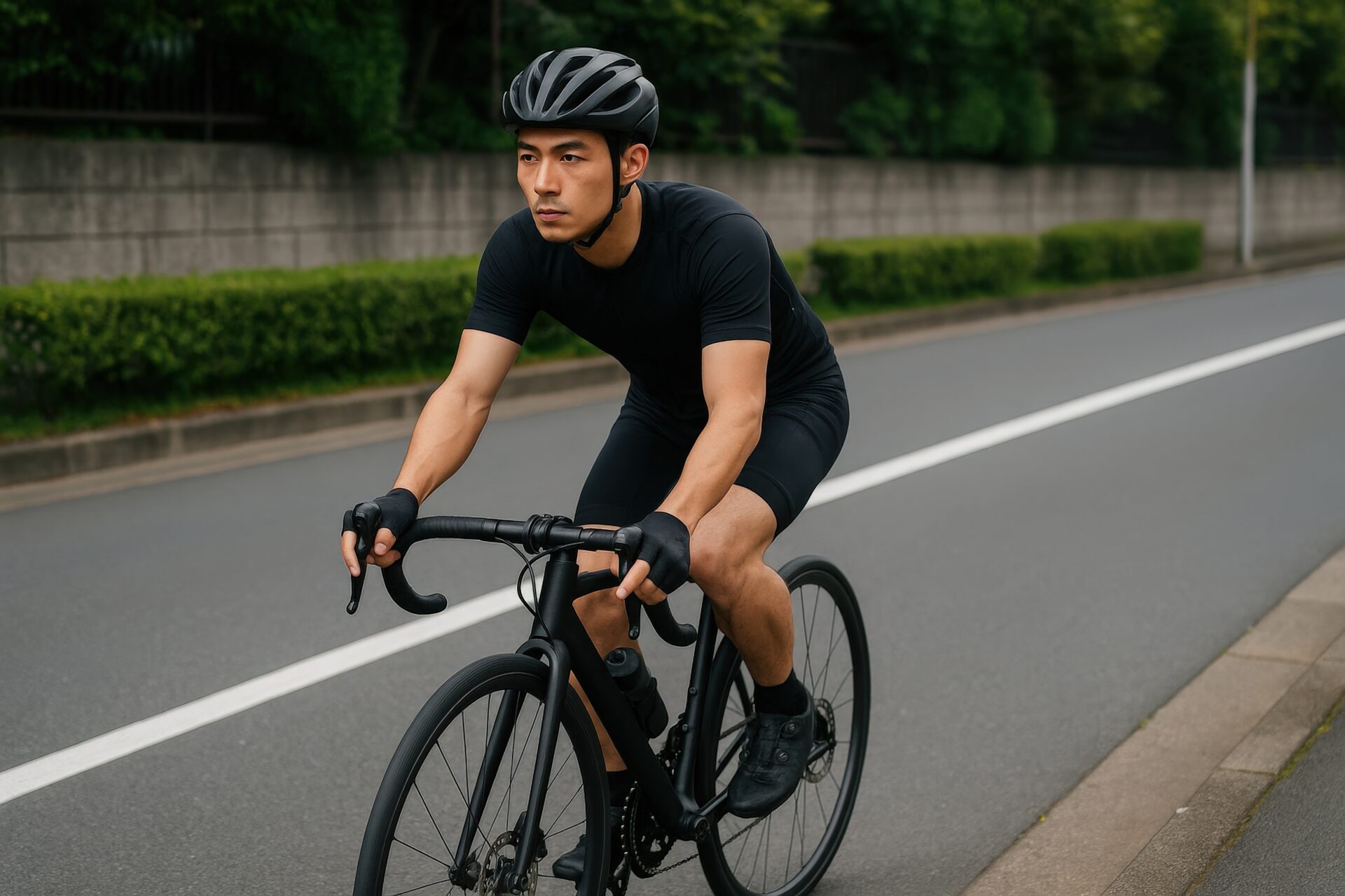 道路を走る黒いサイクルウェアの若い男性サイクリスト