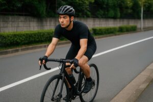 道路を走る黒いサイクルウェアの若い男性サイクリスト