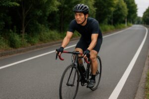 緑の多い道を走行中の若い男性サイクリスト