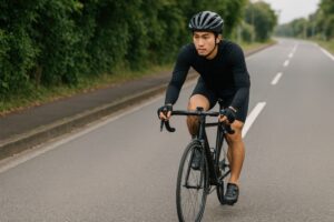 舗装道路を走る黒いウェアの若い男性サイクリスト